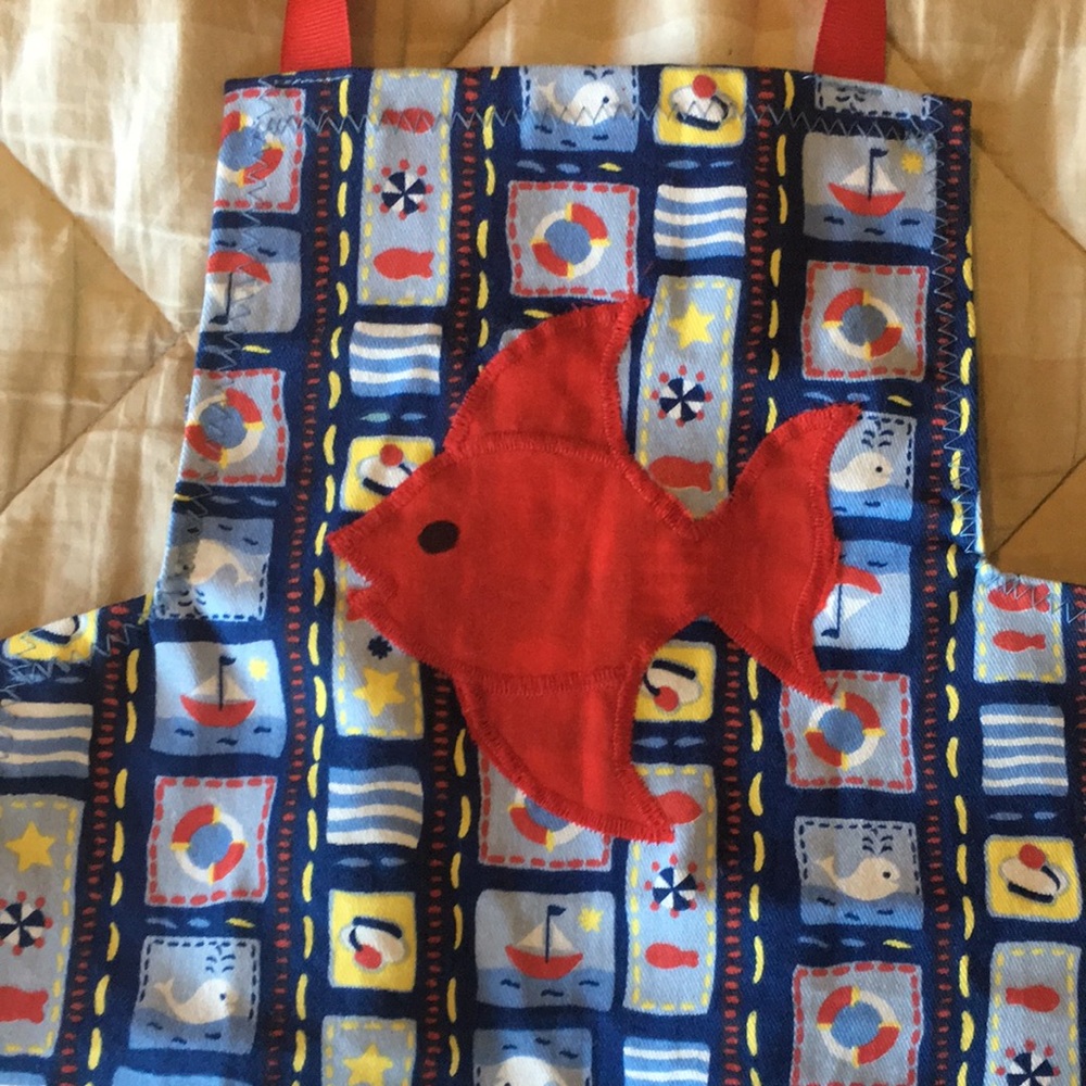 Colorful Toddler Size Fish Apron with Red Ribbon Ties - Picture 2 of 7